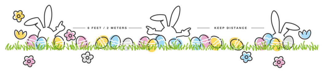 Easter social distancing keep distance handwritten white bunnies, eggs, flowers, grass on white background drawing in line design