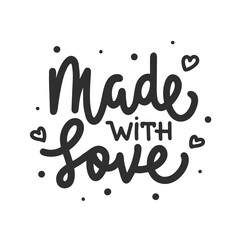 Made with love, modern ink brush monoline calligraphy. Handwritten lettering with hearts.