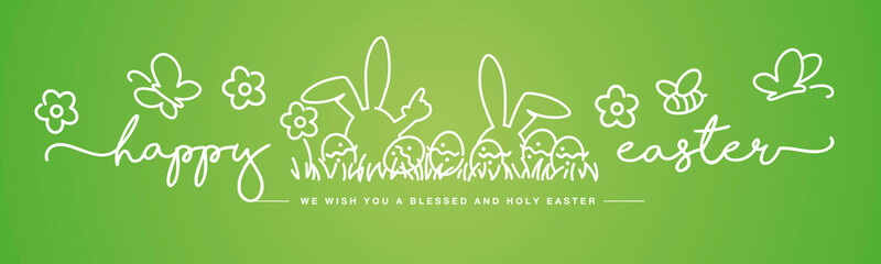 Happy Easter handwritten typography lettering we wish you a holy and blessed Easter with white bunny, eggs, flowers, grass, butterflies and bee on green background drawing in line design