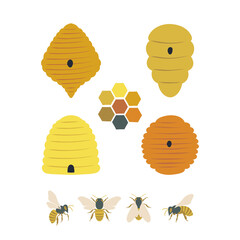 Beekeeping design elements collection. Bee Beehive Honeycomb vector illustration set isolated on white background.