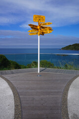 Global Signpost in Stirling Point showing direction and distance to cities around the World, Bluff, New Zealand