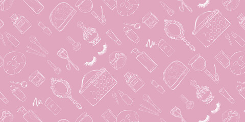 メイクアップアイテム、コスメの手書きの線画。塗りなし。ベクターシームレスパターン。