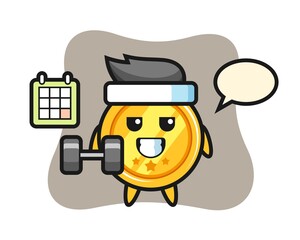 Medal mascot cartoon doing fitness with dumbbell