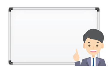 ホワイトボードで指差しするスーツの男性 Whiteboard & man pointing finger