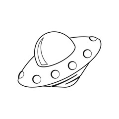 Black and white alien spaceship on a white. UFO, flying saucer. Space travel. Space flight. Vector design element for banner, poster, cover, sign, icon, logo, emblem, website and print for clothing