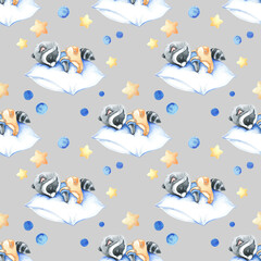 Handpaint watercolor seamless pattern with sleeping raccoon