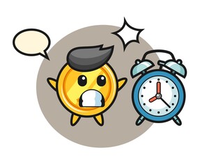 Cartoon illustration of medal is surprised with a giant alarm clock