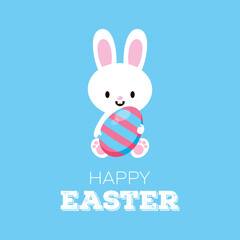 Cute easter white bunny with colored egg vector. Easter rabbit icon vector. Easter greeting card with adorable baby rabbit illustration