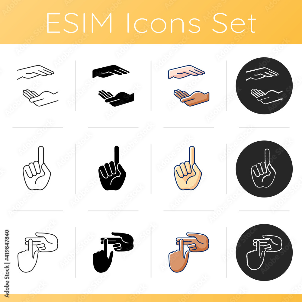 Poster hand gestures icons set. raised fist. stop doing something sign. index finger up. counting on finger