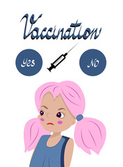 Vaccines and immunization  design concept. Vaccination background. Cartoon vector illustration for banner with a syringe and a confused scared girl