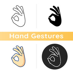 Okay gesture icon. Sign or ring gesture. Perfect . Communication elements. Circle made from index and thumb. Army gestures. Linear black and RGB color styles. Isolated vector illustrations