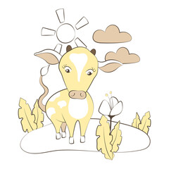 Cute cartoon cow or bull grazing in the field. Bright and cozy baby illustration for a book, magazine, coloring book, notebook, T-shirt, children's goods and clothing. Spring or summer picture of farm
