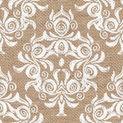 Seamless burlap with white paint pattern overlay. High quality illustration. Real burlap fabric texture with digital pattern on top for print in various surface design uses. Great for interiors.