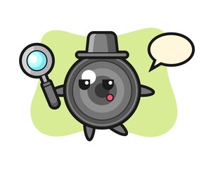 Camera lens cartoon character searching with a magnifying glass