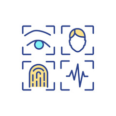Morphological biometrics RGB color icon. Biometric technology. Physical human traits involving. Scanning eye retina, facial shape, fingerprint. Voice recognition. Isolated vector illustration