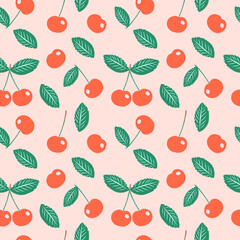 Cherries are red with green leaves. Seamless pattern with sweet cherry berries on a pink background. For printing on fabrics, textiles, paper, decor in the interior. 