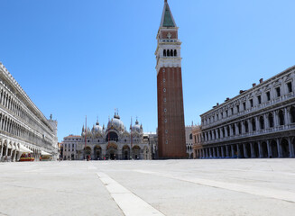 deserted Square of Saint Mark  in Venice during the lockdown cau