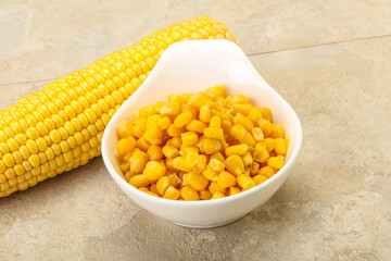 Sweet yellow corn in the bowl