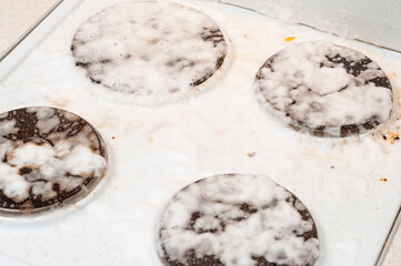 The electric cooker is treated with a foamy detergent and turns away from serious dirt