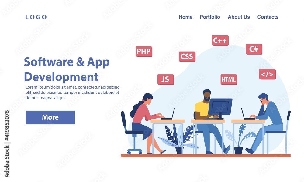 Poster software development concept with coders at work at desks