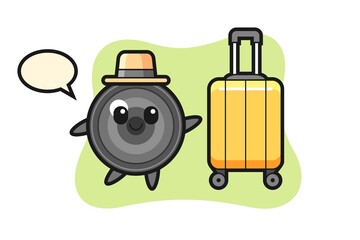 Camera lens cartoon illustration with luggage on vacation