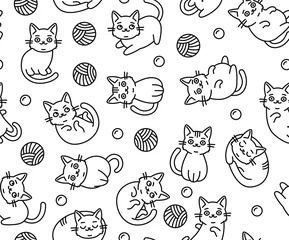 Gordijnen Cute Cartoon Cat Seamless Pattern on White Background. Vector © Sergei Sizkov
