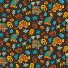 Dinosaurs, eggs and leaves by earthy colors seamless pattern vector. Funny cartoon dinos natural colors endless texture for kids. Complex pattern with prehistoric animals, monstera leaves and eggs