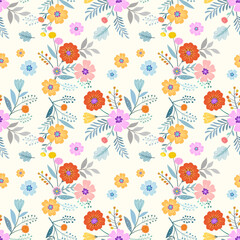 Obraz premium Abstract floral seamless pattern design for fabric textile wallpaper. Colorful small flowers, and leaves on a yellow background.