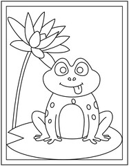 Cute frog coloring page designed in hand drawn vector 
