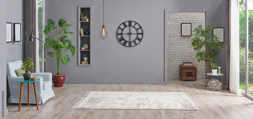 Wall mural grey empty room with black clock lamp and niche, carpet style, office style. - Wall murals