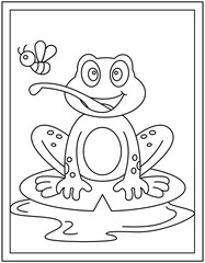 Cute frog coloring page designed in hand drawn vector 