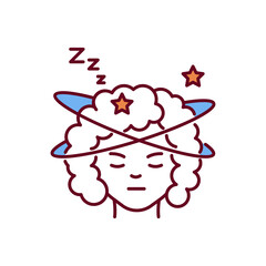 Insomnia RGB color icon. Sleep disorder. Problem with falling and staying asleep. Medical condition. Feeling exhaustion and fatigue. Mental illness. Serious sleep issues. Isolated vector illustration