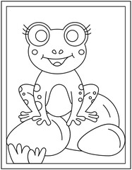 Cute frog coloring page designed in hand drawn vector 