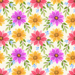 Abstract floral seamless pattern design for fabric textile wallpaper. Colorful flowers, and leaves on a yellow background.