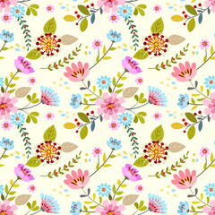 Abstract floral seamless pattern design for fabric textile wallpaper. Colorful flowers, and leaves on a yellow background.