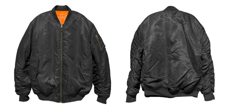 Bomber jacket color black front and back view on white background