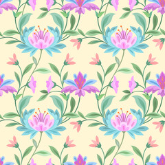 Abstract floral seamless pattern design for fabric textile wallpaper. Pink flowers, and leaves on a yellow background.