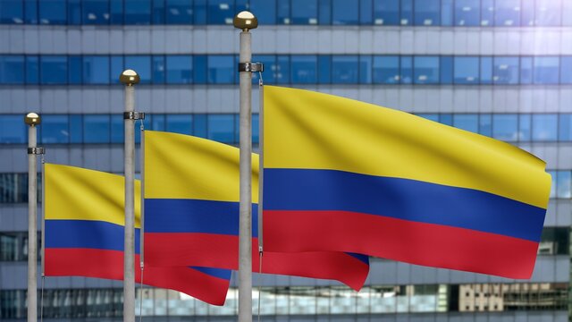 3D illustration Colombian flag in skyscraper city. Tower with Colombia banner