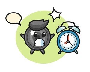 Cartoon illustration of camera lens is surprised with a giant alarm clock