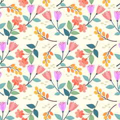 Naklejka na ściany i meble Abstract floral seamless pattern design for fabric textile wallpaper. Colorful small flowers, and leaves on a yellow background.