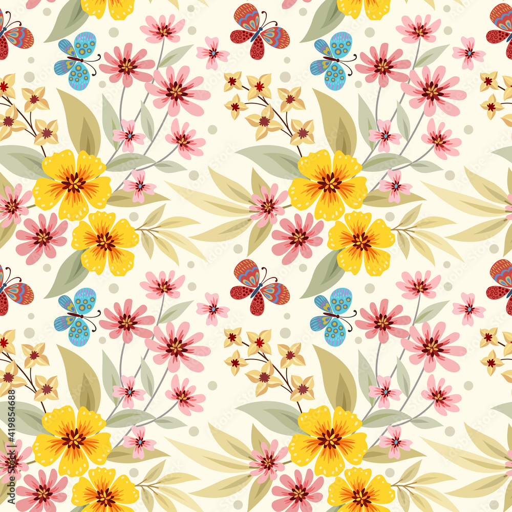 Wall mural abstract floral seamless pattern design for fabric textile wallpaper. colorful flowers, and leaves o