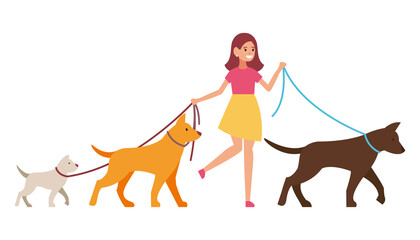 Professional dog walking. A man walks with a pet. Vector illustration isolated on white background