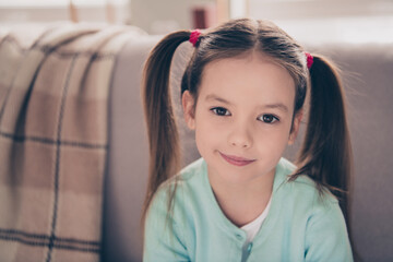 Photo portrait of small girl with ponytail hairstyle smiling shy sitting at home