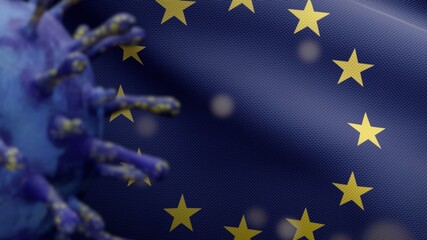 3D illustration Flu coronavirus over European Union flag. Covid 19 at Europe
