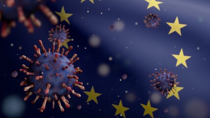 Fototapeta na wymiar 3D illustration Flu coronavirus over European Union flag. Covid 19 at Europe