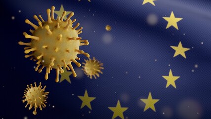 3D illustration Flu coronavirus over European Union flag. Covid 19 at Europe