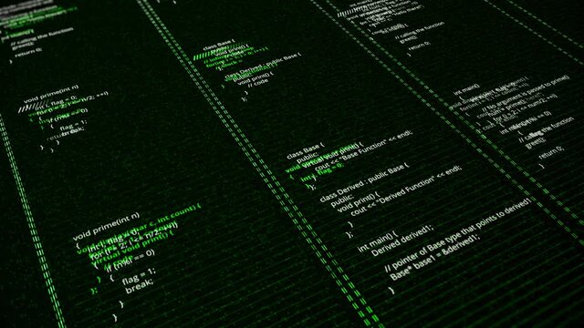 Background from changing matrix code. Animation. Field with source code to fill in for matrix. Matrix software with code writing