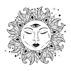 Vector illlustration of sun - astronomy and astrology symbol. Vintage, boho or gypsy style. Astrology and alchemy vibes.