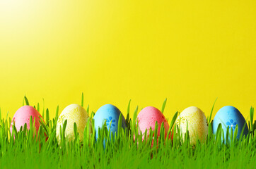 Colorful Easter eggs in a green grass with yellow background. Easter concept. Easter eggs.