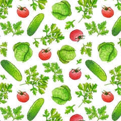 Watercolor vegetable seamless pattern on white . Vitamin Vegetable Pattern with Green Cabbage, Tomato, Juicy Summer Cucumber and Parsley. Summer Salad with Vegetables. Menu design, food packaging